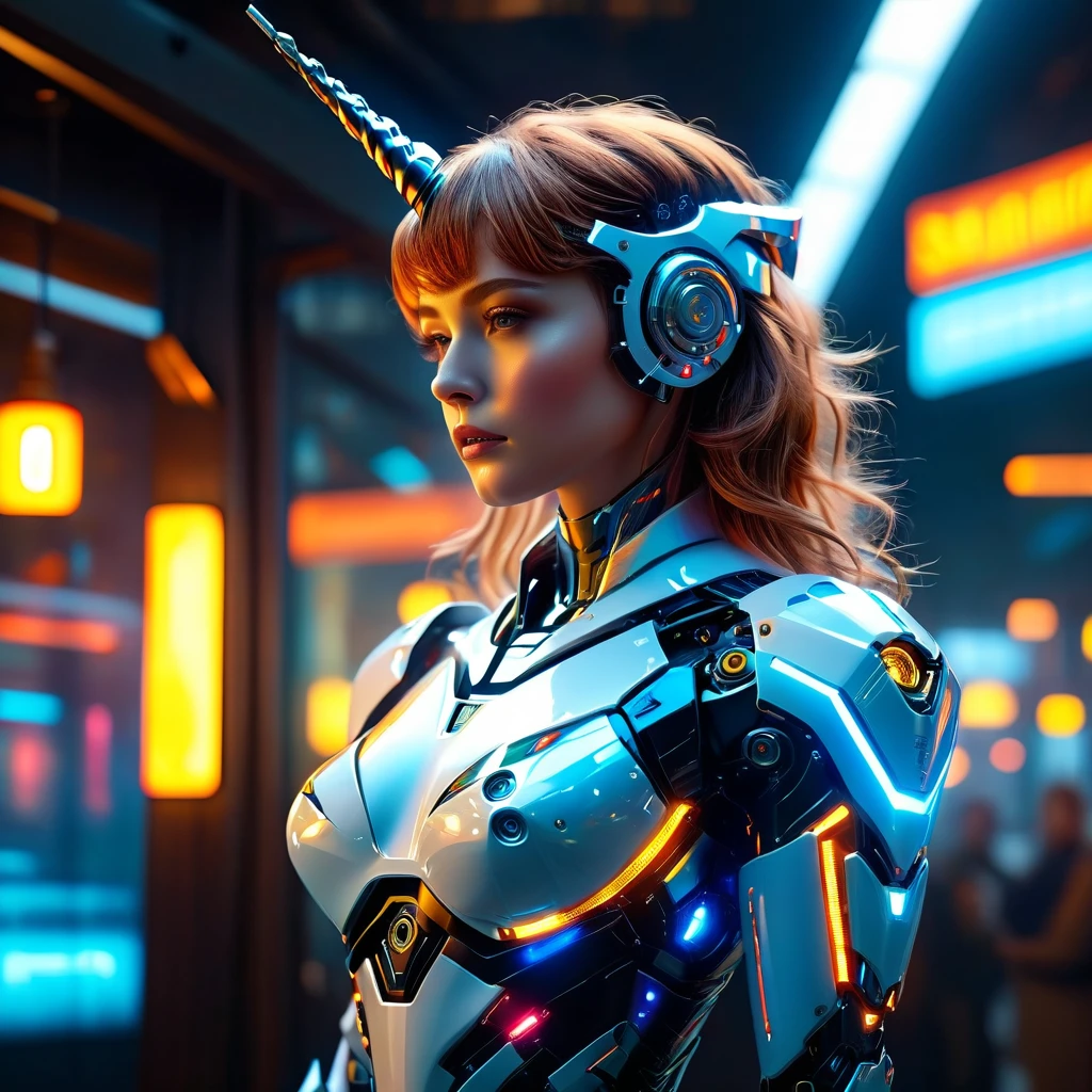 (best quality,4k,highres,masterpiece:1.2),ultra-detailed,(realistic,photorealistic:1.37), A breathtakingly beautiful female humanoid unicorn cyborg android, (a shimmering unicorn horn:1.8), porcelain skin, striking eyes, delicate features, futuristic sci-fi, intricate mechanical parts, glowing cybernetic implants, elegant and graceful pose, hyper-realistic, photorealistic, masterpiece, 8k, ultra-detailed, cinematic lighting, dramatic shadows, vivid colors, highly saturated, neon highlights, glowing energy fields, complex machinery, sleek and modern, cutting-edge technology, advanced AI, seamless integration of organic and mechanical elements