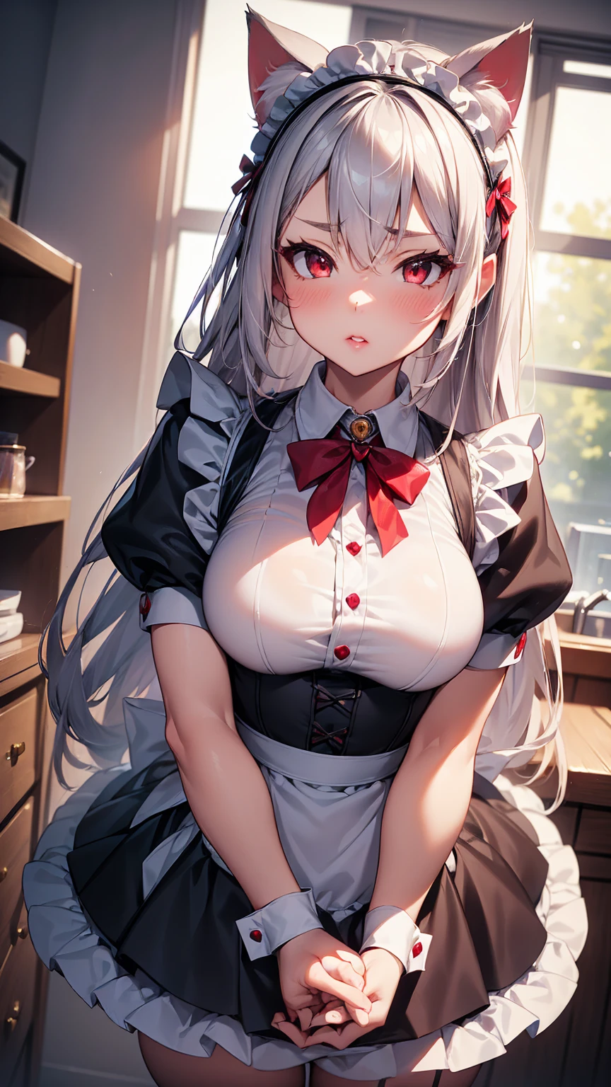 super fine illustration, masterpiece, sharp focus, best quality, depth of field,ultra detailed,1girl, Heart sign with both hands, cat ears,maid, long hair,silver hair,hair between eyes,red eyes, detailed Lips, blush, peck lips, round lips, thick lips, Incoming Kiss, Heart sign with both hands