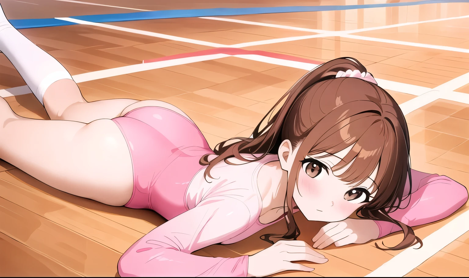 a cartoon girl laying on a floor wearing a pink and white shorts outfit, 1girl, solo, leotard, brown hair, pink leotard, athletic leotard, wooden floor, lying, brown eyes, on stomach, ass, looking at viewer, ponytail, long hair, blush, gymnastics, bangs, long sleeves, socks