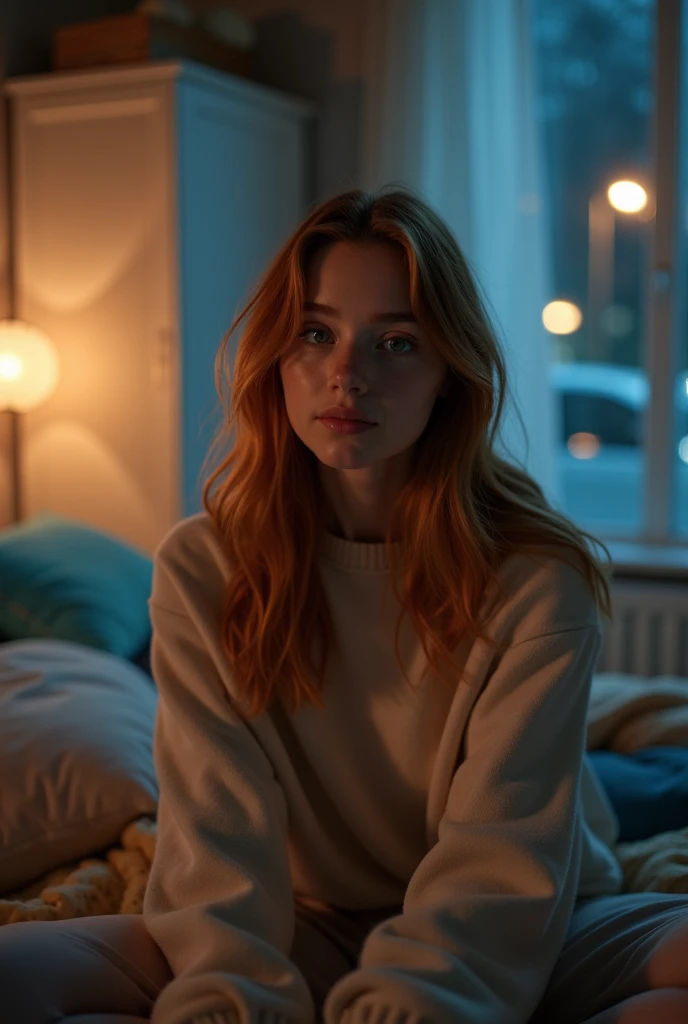 Fille nue de aux cheveux roux , curly and long, les yeux vert. In the background, il y a une chambre