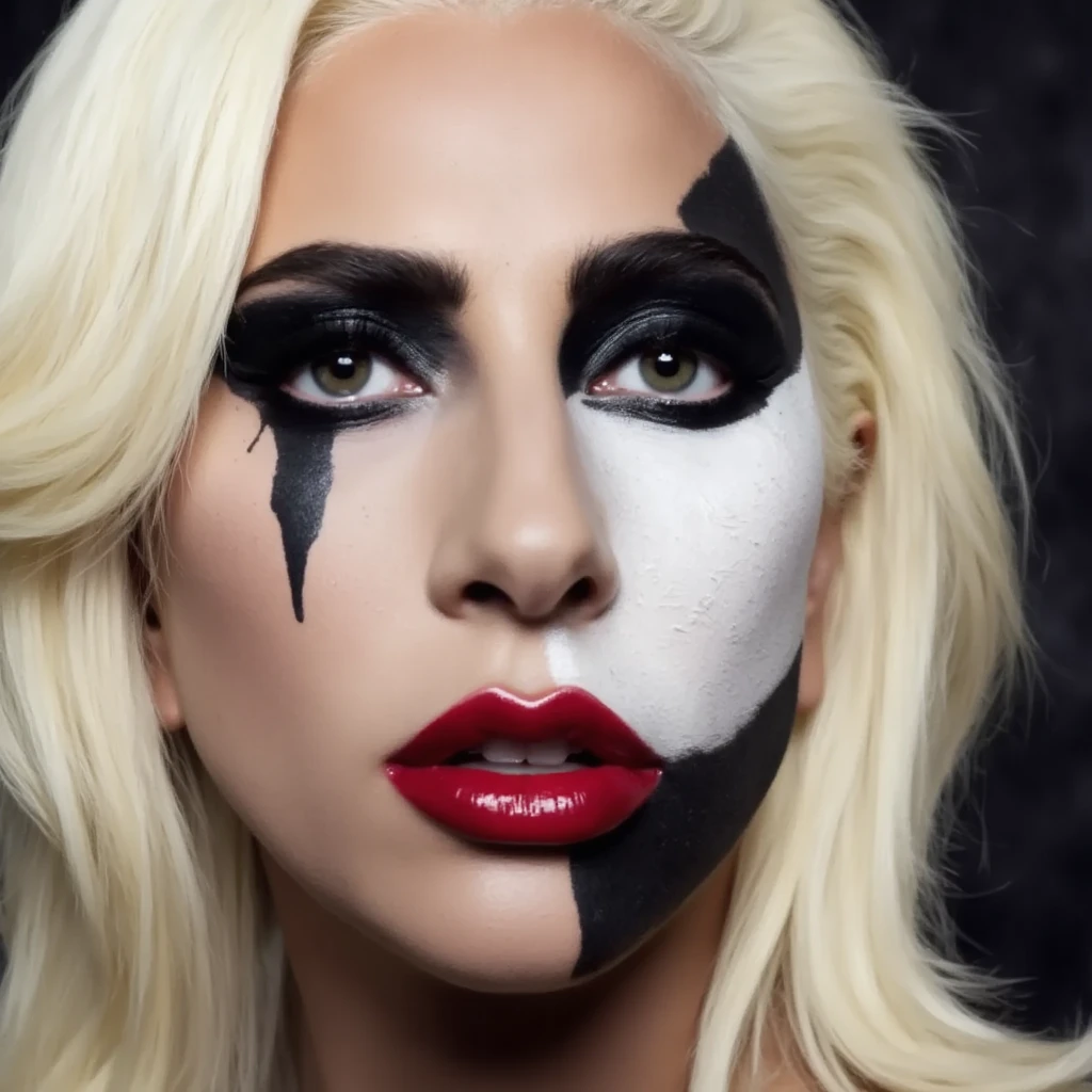  A close up of Lady Gaga with black and white makeup and red lipstick , tumblr, pop art, lady gaga artpop act ii album, lady gaga artpop act ii, artpop,  with black eyes ,  big red lips , charli xcx, Crying makeup , portrait of lady gaga,  wearing war paint 