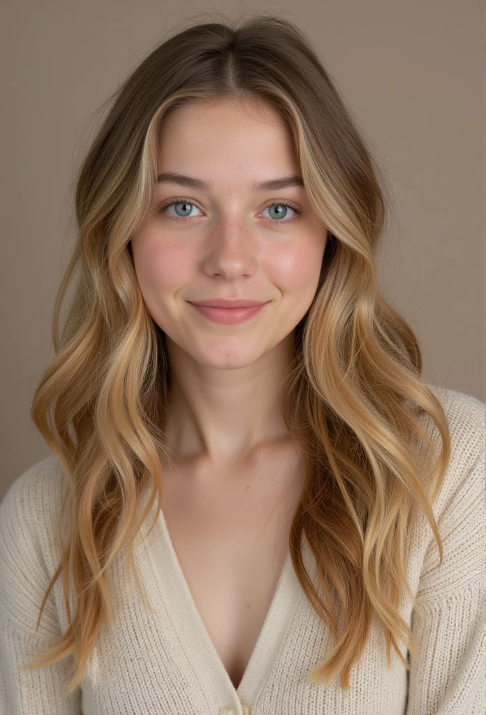Create a picture of a twenty-year-old girl. ((Have a natural and attractive face)) (Her hair should be blonde with brown stems) (Long hair) (Her eyes are a natural light color) A charming smile on her lips. His face lit up. The girl should not look at the camera. Her image should be fully displayed (girl with light makeup) without retouching and effects. Different clothing