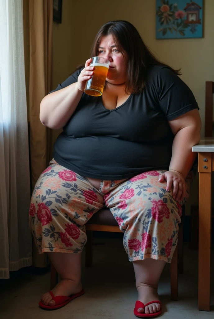 A happy photo of a young beautiful redhead bbw wife with short ginger hair soft fat belly, very wide fat obese hips, thick fat wide legs and fat arms, cute pretty face, small breasts, blue eyes, freckles, holding up a beer in a white bikini, in a beer cellar, with lot of beers 