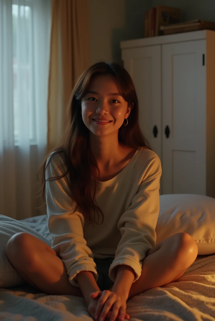 best quality, masterpiece, 1 girl, alone, very big smile, pajamas, under the sheets, covered by blankets, luxurious room background