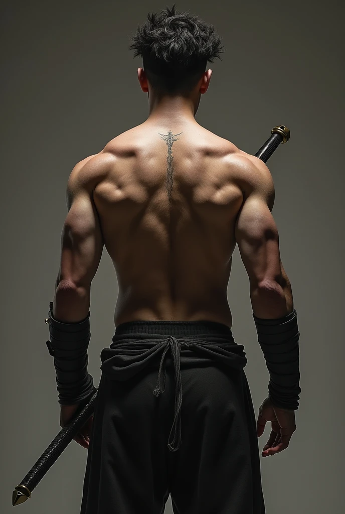 chained man, knees on the ground; without shirted; caravaggio painting; looking in the dark; super realism; from the back; hands chained together; the hands are in the back; the man is trying to lift himselp up with a lot of strenght; blood in arms