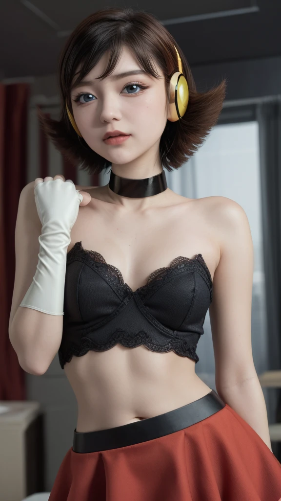  The best quality , ( masterpiece),( pompous skirt), ( lyrics), ( High resolution), , 1 girl,  short hair , Blue eyes, choker, of 19,Gloves, elbow Gloves, make-up