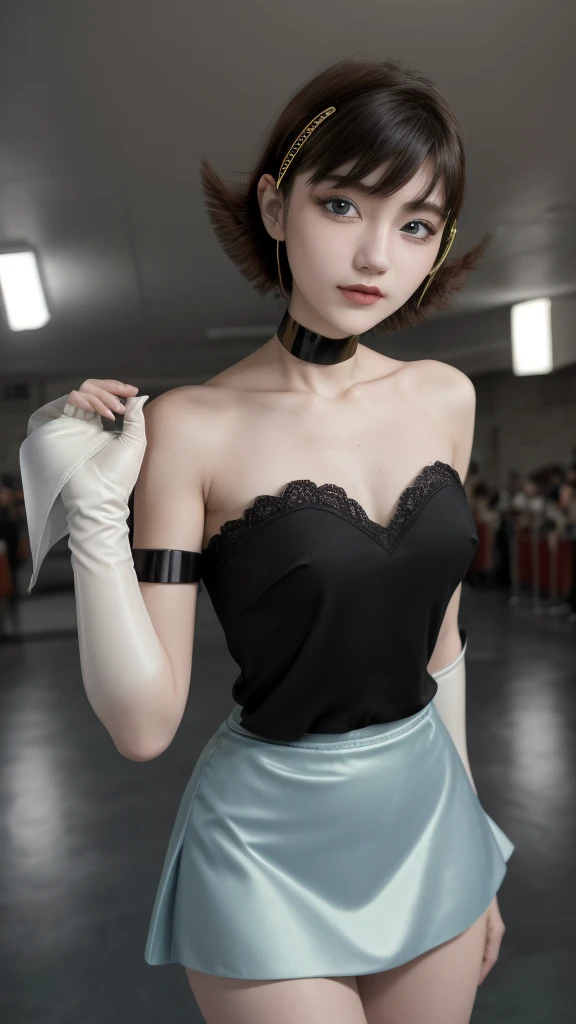  The best quality , ( masterpiece),( pompous skirt), ( lyrics), ( High resolution), , 1 girl,  short hair , Blue eyes, choker, of 19,Gloves, elbow Gloves, make-up