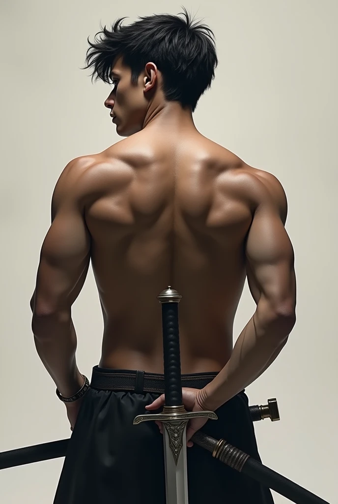 Naked male, view at his back, looking sideways, downwards, holding a katana sword that pointed to the ground, wood floor, dramatic lighting and shadows and highlights