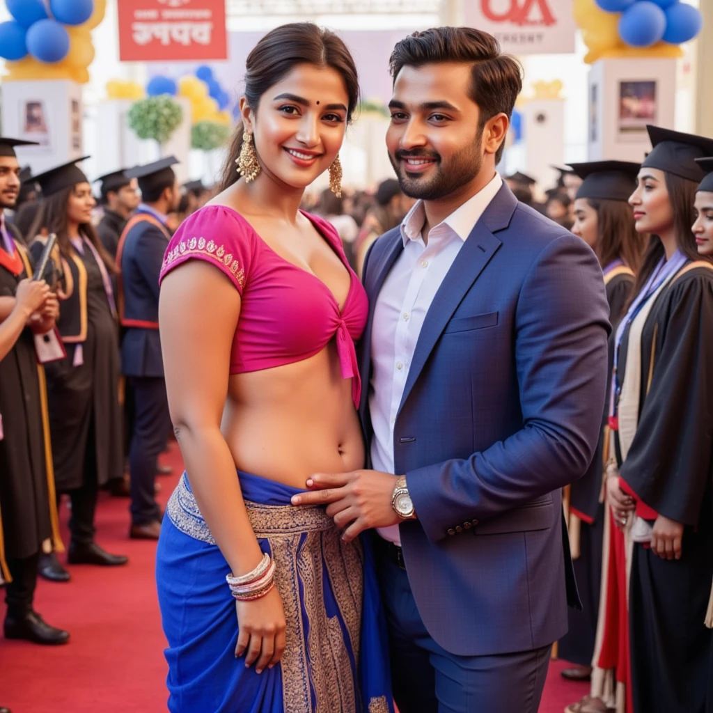 At a vibrant college graduation ceremony, an Indian girl stands confidently as the center of attention, her long hair styled in an elegant updo, and a radiant smile lighting up her face. She wears a traditional pink blouse with short sleeves and a knotted front, paired with a matching blue draped bottom piece featuring an embellished waistband. Her midriff and toned waist are visible, adding to her celebratory look. She’s adorned with traditional Indian jewelry—gold dangling earrings, colorful bangles, and a small bindi on her forehead—blending cultural elegance with the joyful occasion. Beside her, a man stands close, his hand resting affectionately on her hip while he leans down, placing a gentle kiss on her navel in a sweet, intimate gesture. Surrounding them are fellow graduates in caps and gowns, along with friends and family capturing photos. The stage is set with congratulatory banners, flowers, and balloons, adding to the lively atmosphere, as graduates and attendees celebrate the memorable day,sunny