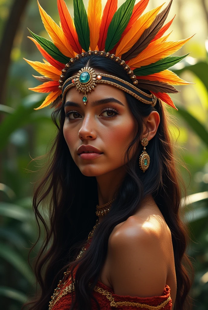 Wild Xavante India, extreme tanned skin, extreme long black hair messes over naked boobs, huge macaw blue parrot feather headdress, big cheeks, long legs, curvy, indigenous yellow and green breast painting, indigenous yellow and green facial painting, huge macaw blue parrot feather necklace, honey eyes, stocking