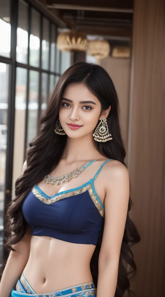 1girl in, age19, Solo, Long hair, Colossal , Looking at Viewer, black hair, Bare shoulders, Brown eyes, jewely, Full body, a necklace, off shoulders, salwar and dupatta, Realistic, A sexy