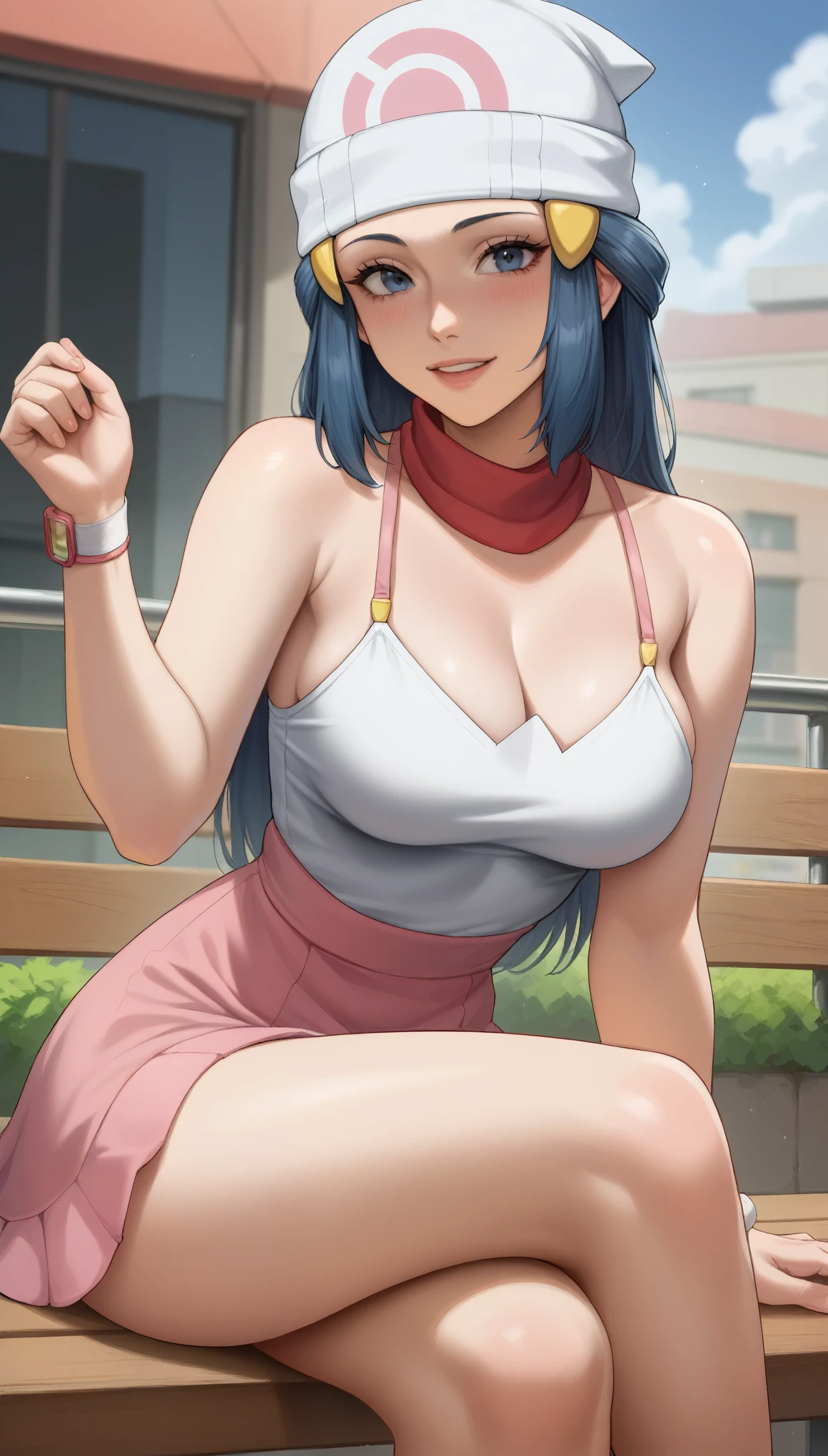 portrait of a woman in the style Sciamano240, dawn_\(pokemon\), long blue hair, bright blue eyes, large breasts, pink skirt, white beanie, slim body, thin legs, city, sitting on bench, happy, crossed legs, horny, teasing face,