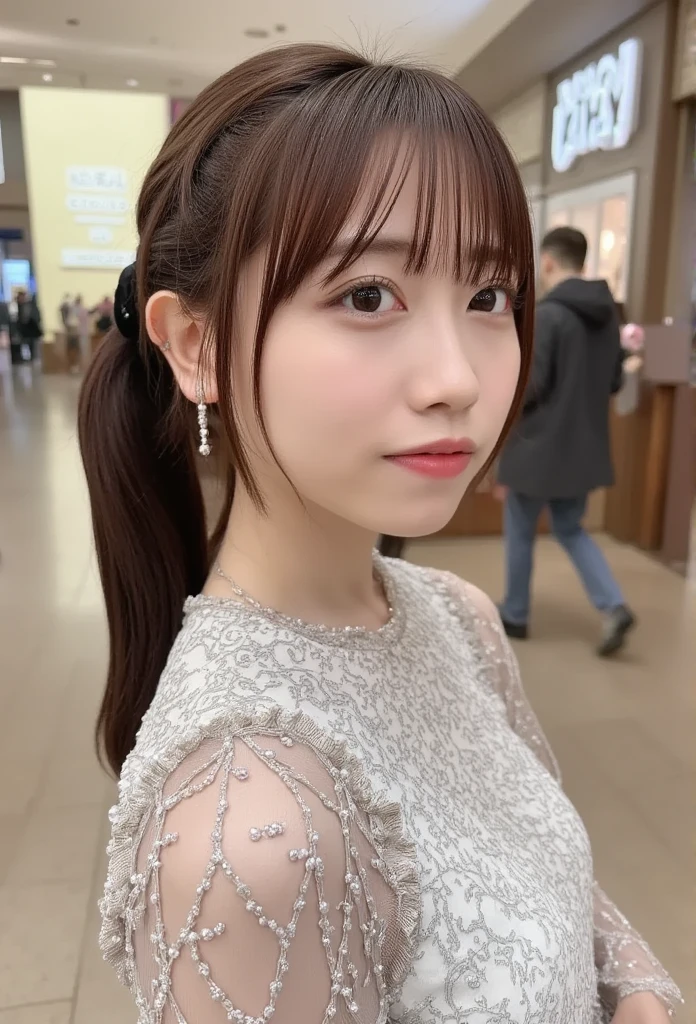 whole body,smile,((masterpiece,best quailluminationy 1.4)), (8k, RAW photo:1.2), (Realistic,photo Realistic:1.4),  ultra high resolution , ( highly detailed 8K wallpaper ) ,Japanese Idols, Japanese actress, Japanese,  very cute , Big Eyes,  eyes and face carefully drawn down to the smallest detail with blood coming back to the face,   beautiful eyes down to the smallest detail ,shiny skin,Portraiture,( ponytail :1.2),(smile:1.3) ,( walking hand in hand:1.2),illumination,  sharp concentration,  Written Boundary Depth , ( dynamic angle:1.4 ).   blur the background , Bokeh, ( blouse, Ruffled Skirt  :1.2) ,( Shopping malls during the daytime.)