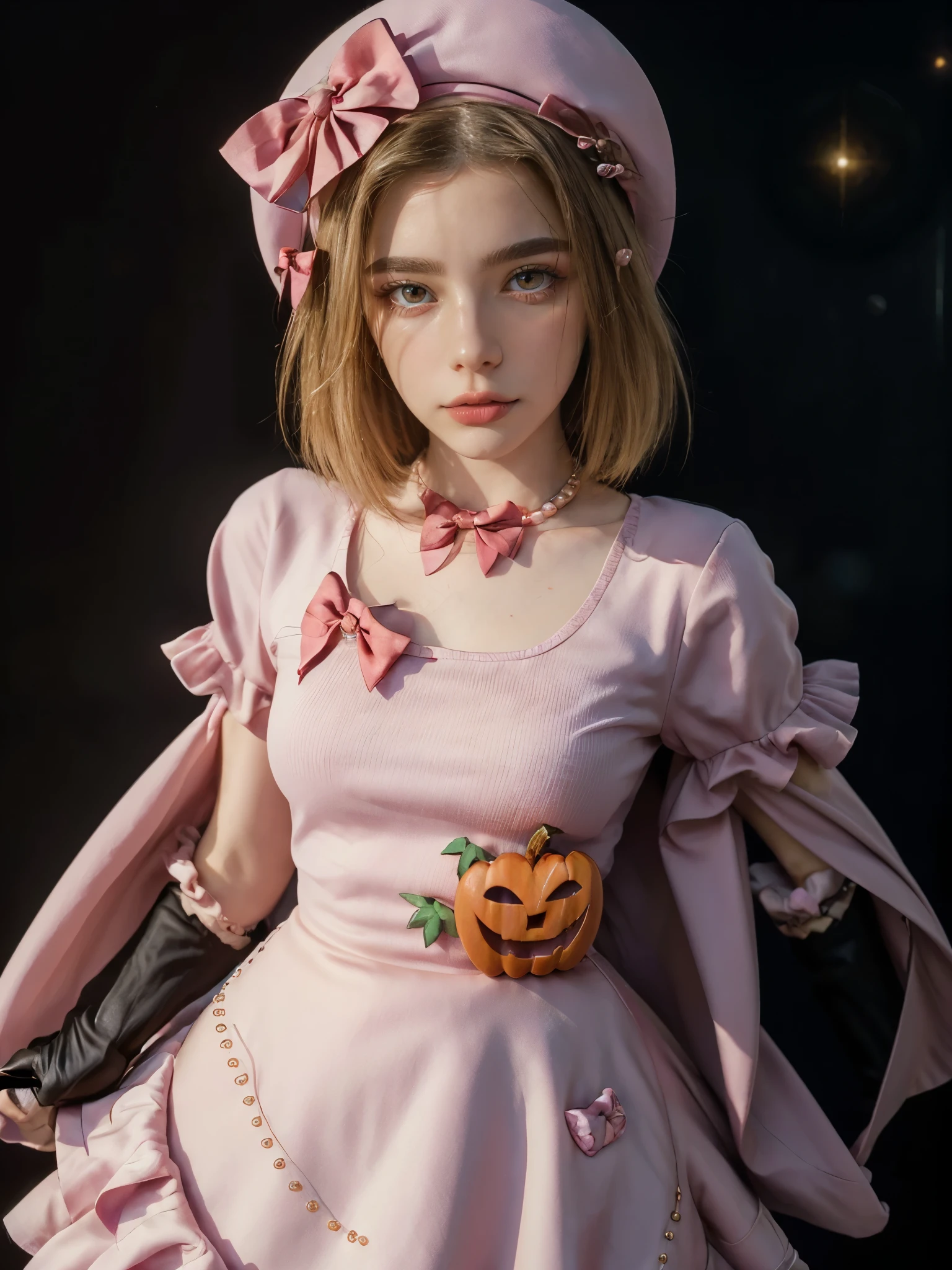 (1 lady), The beautiful, (Best quality at best:1.4), (ultra - detailed), (extremely detailed CG unified 16k), gold blonde hair, very detailed, High-definition RAW color photo, professional photoshooting, amazing face and eyes, cosmetics, (amazingly beautiful girl), ((lambdadelta, taller, tall woman)), ((dress, striped stockings, red bow, pink hat, necklace, gloves, pearl, pumpkin brooch, pink dress)), Not Dasha Taran, (floating in the air), (She's levitating in a cosmic sea, outer space:1.3, quantum hyperspace room lacking walls, hyperspace chamber, extremely detailed background, a lot of details background, realistic background), (frontal look), realistic cinematic face, face photoportrait, upper body long view, photorealistic, ((realistic natural blonde hair style, red eyes)), gorgeous, extremely beautiful face, perfect model beauty, pout mouth, Highly Detailed Face and Skin Texture, Detailed Eyes, Double Eyelids, Big Breasts, Persistent Stare, Faith Trance, (mystical stare, looking eternity), (masterpiece), best quality, high resolution, depth of field, cinematic lighting, clear and well-cared skin, (photo portrait focused in face)