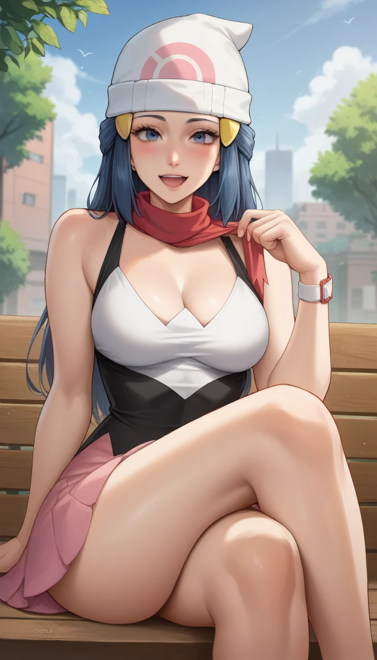 portrait of a woman in the style Sciamano240, dawn_\(pokemon\), long blue hair, bright blue eyes, large breasts, pink skirt, no beanie, no hat, slim body, thin legs, city, sitting on bench, happy, crossed legs, horny, teasing face,