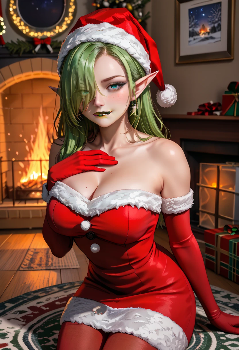 (master piece: 1.1), (goblin girl), only, 1woman, mature, MILF, shy, your arms are behind your body, very curvy, mature, smiling, ((green dark skin)), colored skin, black hair, short hair, bob cut, (detailed blue eyes), blunt bangs, high details on your face, fullbody, chubby a bit, 2fang on your lips, bedroom, above view, bed, (thick legs), pointy ears, soft lighting, candles, blur_background, christmas long dress, christmas clothes, wearing red hat on his head, very skin pretty face, motherly, bedroom, christmas room, christmas tree, blur_background