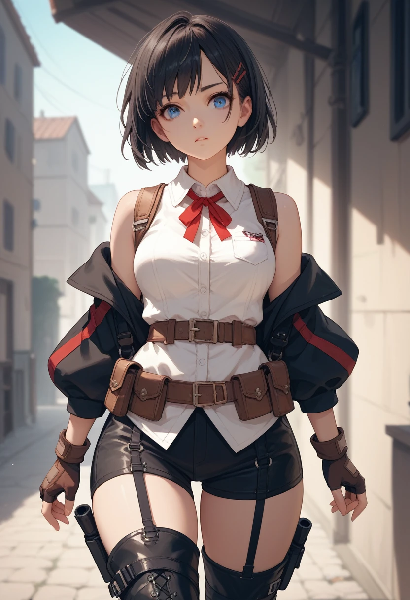 tino_shade, 1girl, short hair, black hair, red ribbon, blue eyes, medium breasts, white shirt, ribbon on neck, black vest, strapped vest, off shoulder, sleeves, brown gloves, fingerless gloves, wide hips, belt, pouch, black thigh high, black thigh boots,
anime coloring