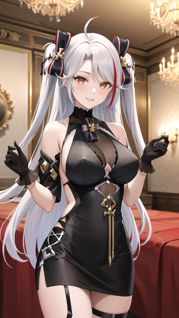 masterpiece, best quality, highres, ddeugen, long hair, two side up, antenna hair, hair bow, bare shoulders, cleavage, black dress, see-through, black gloves, thigh strap, indoors, chandelier, standing, cowboy shot, smile,