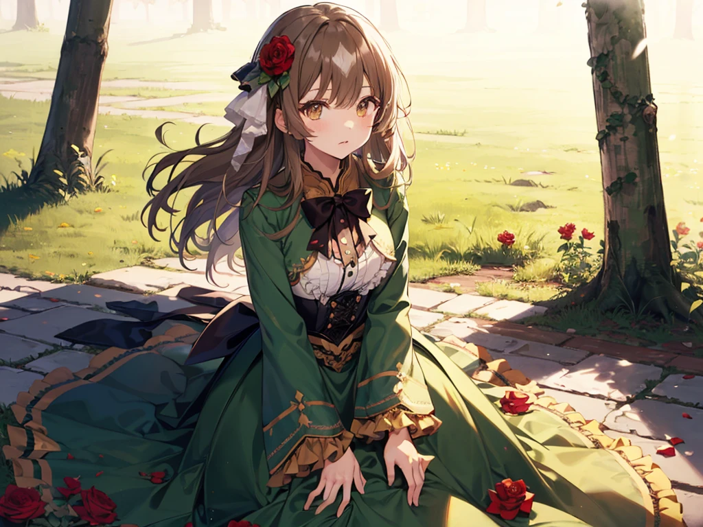 masterpiece, best quality, suiseiseki <lyco:Suiseiseki_loha_v1.2:1.0>, frills, head scarf, bonnet, corset, green dress, twin drills, heterochromia, looking at viewer, sky, scenery, light rays