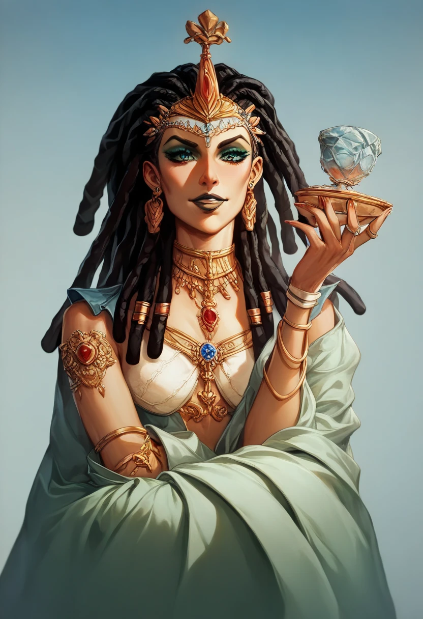 Effrayante ((sorcière)) africaine ((gros seins nus)), (((peau noire))), ((bijoux en os)), ((pagne en peau)), ((dreadlocks)), ((style bande dessinée)), ((masque en os)), savane africaine, ambiance Lovecraft 