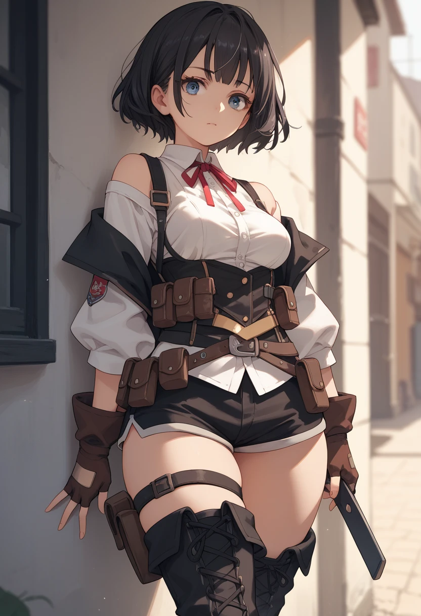 tino_shade, 1girl, short hair, black hair, red ribbon, blue eyes, medium breasts, white shirt, ribbon on neck, black vest, strapped vest, off shoulder, sleeves, brown gloves, fingerless gloves, wide hips, belt, pouch, black thigh high, black thigh boots,
anime coloring