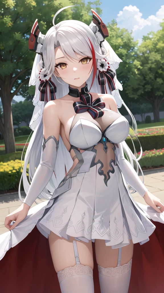 masterpiece, best quality, highres, cceugen, long hair, two side up, antenna hair, headgear, hair ornament, bridal veil, bowtie, bare shoulders, wedding dress, white dress, see-through, detached sleeves, garter straps, white thighhighs,  standing, cowboy shot, garden,