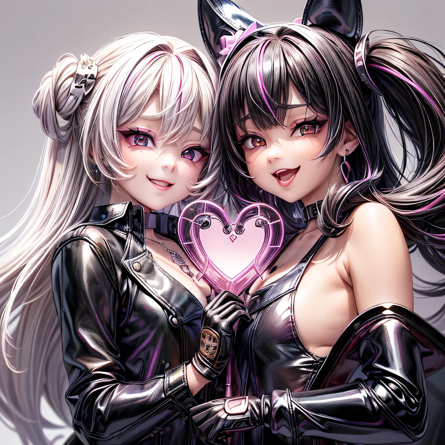realisitic、top-quality、2females、Cat's ears、Nurse Cap ,Protruding tongue ,((Heart shaped pupils)), orgasm ,Pink Sequin Bikini , Black PVC gloves 、Big breasts、hug, Looking at Viewer
