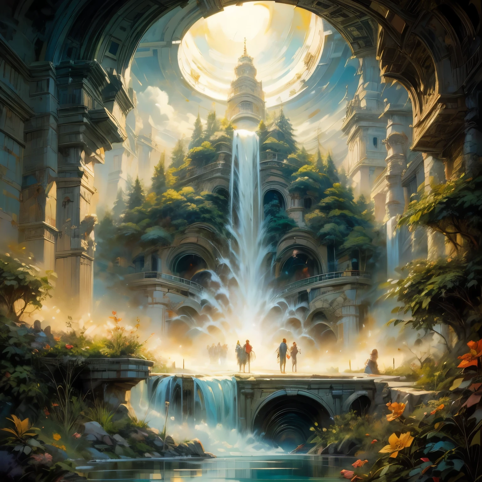 fantastic highly-detailed cinematographic photo of Paradise and its translucent inhabitants, a view from inside to outside from the porthole of a Boeing airliner, a small fragment of the inner frame of the porthole and a small fragment of the wing of the airliner and heavenly celestials who live on the clouds are visible, translucent ren of different ages and epochs run and frolic with pets, translucent shining fantastic plants and flowers grow on the solid clouds, translucent people of all races, ages and epochs walk in pairs, fantastic translucent waterfalls are visible in the background in defocus, Idealised picture of heavenly Paradise.