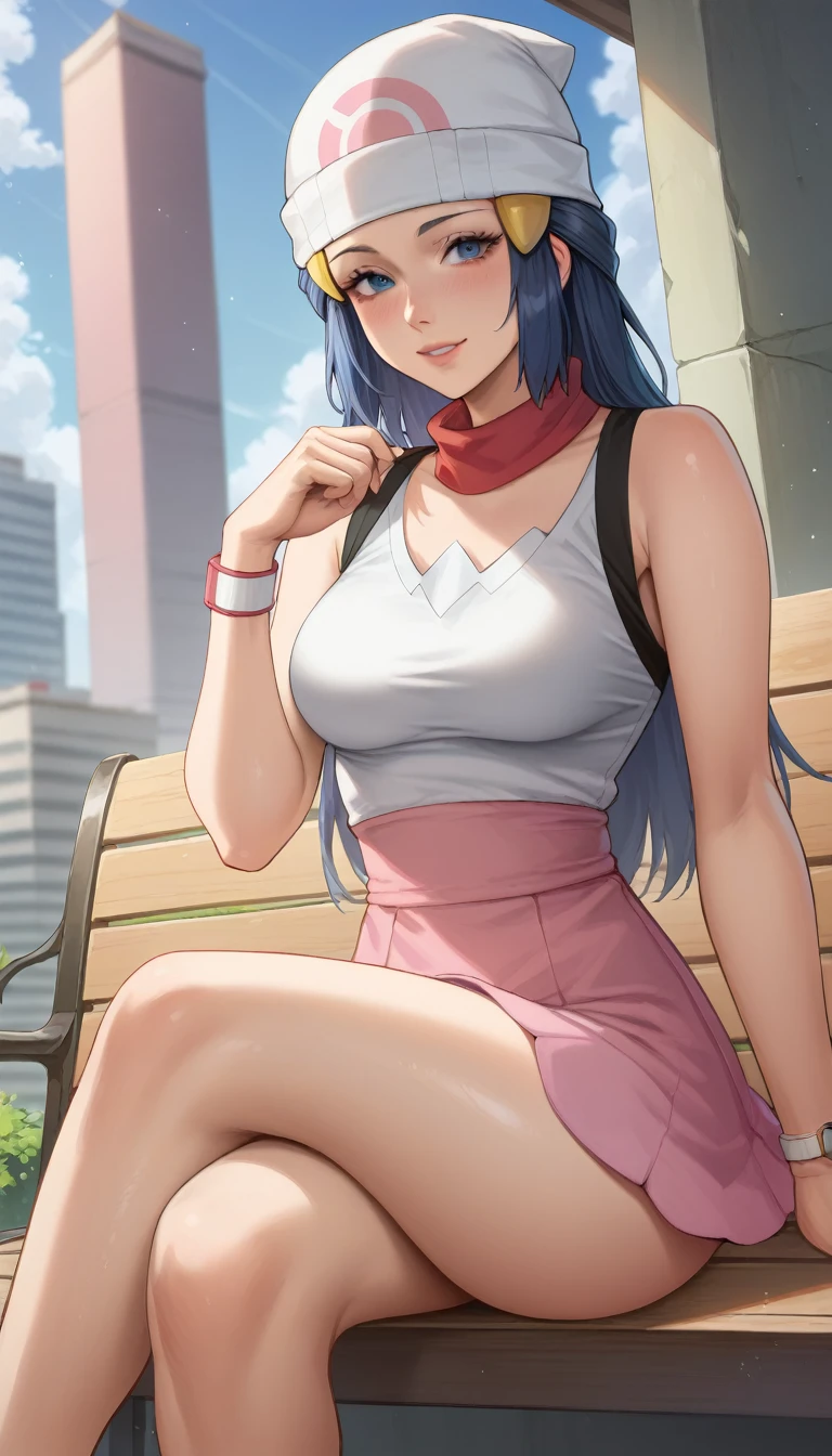 portrait of a woman in the style Sciamano240, dawn_\(pokemon\), long blue hair, bright blue eyes, smooth skin, large breasts, black and white outfit, pink skirt, (no beanie, no hat, uncovered head) slim body, thin legs, city, sitting on bench, happy, crossed legs, horny, teasing face,