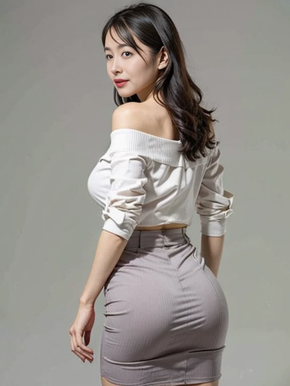 nsfw, 8K raw photo, Best quality, masterpiece, ultra high res, film grain, filmg, 1girl, looking at viewer, natural skin texture, realistic eye and face details, full lips, lipstick, (makeup), red eyeshadow, fluffy short hair, messy hair, smile, close mouth, beautiful legs, tall female, skinny, thick_thigh, solo, enormous breast, cleavage, Pose with buttocks facing camera, flowing wide pants,long satin pant, accentuated ass, shirt, beautiful nature location, around flower location, (detailed background), satin skirt, white shirt, enormous breast, cleavage, Show a little cleavage through the shirt, loafers, blurry background, blurry, holding, plaid, short sleeves, jk ribbon on the neck, jk ribbon, brown hair, bracelet, water, bangs, jewelry, grey, parted lips, lips, from side, pencil skirt, depth of field,flowing grey satin long pant, flowing pant, ((wide hips, thick thigh, protruding ass)), stunning hourglass figure, satin, accentuated ass