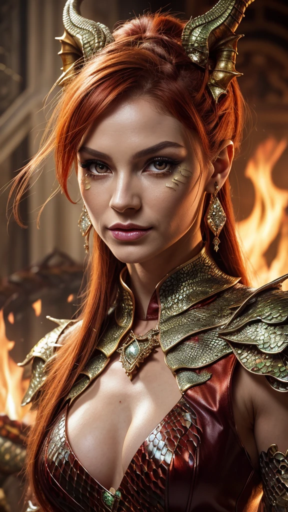 A sensual redheaded demon woman with flowing fiery hair, emerald green eyes, alluring and confident, the queen of succubi and lust, arrogant and enthroned as a devil like Lilith, photorealistic, highly detailed, 8k, dramatic lighting, cinematic, epic