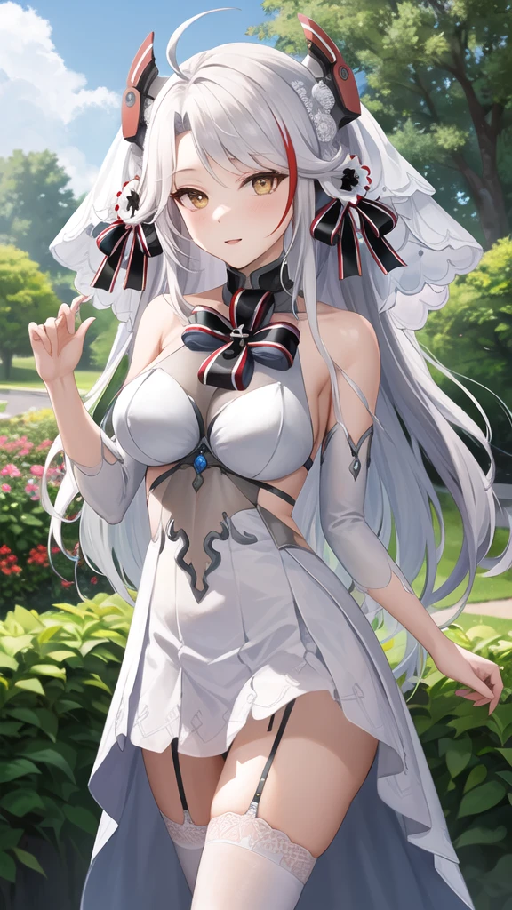 masterpiece, best quality, highres, cceugen, long hair, two side up, antenna hair, headgear, hair ornament, bridal veil, bowtie, bare shoulders, wedding dress, white dress, see-through, detached sleeves, garter straps, white thighhighs,  standing, cowboy shot, garden,