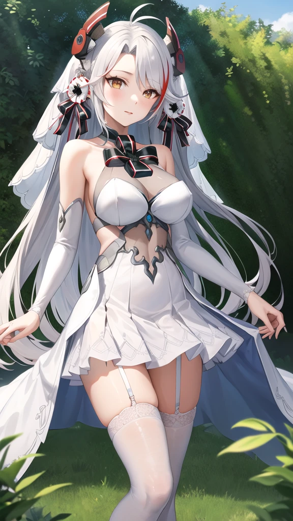 masterpiece, best quality, highres, cceugen, long hair, two side up, antenna hair, headgear, hair ornament, bridal veil, bowtie, bare shoulders, wedding dress, white dress, see-through, detached sleeves, garter straps, white thighhighs,  standing, cowboy shot, garden,