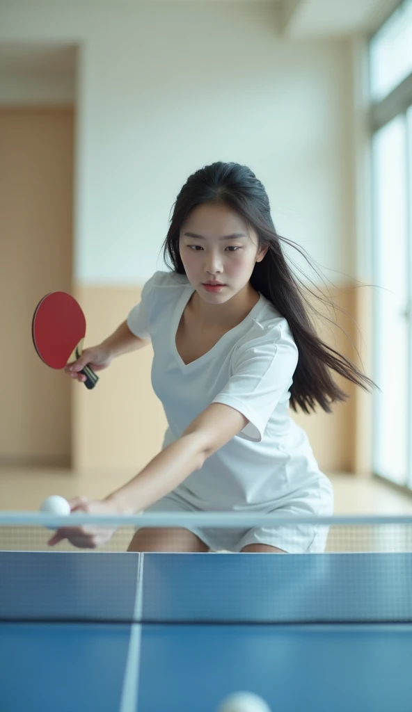 Chinese female table tennis players,18-year-old beauty,Fair skin,Charming,beauty,cute,Bright Lights,Pull the ball,spike,Spinning ball,The competition is intense and exciting,Olympic Games finals as background