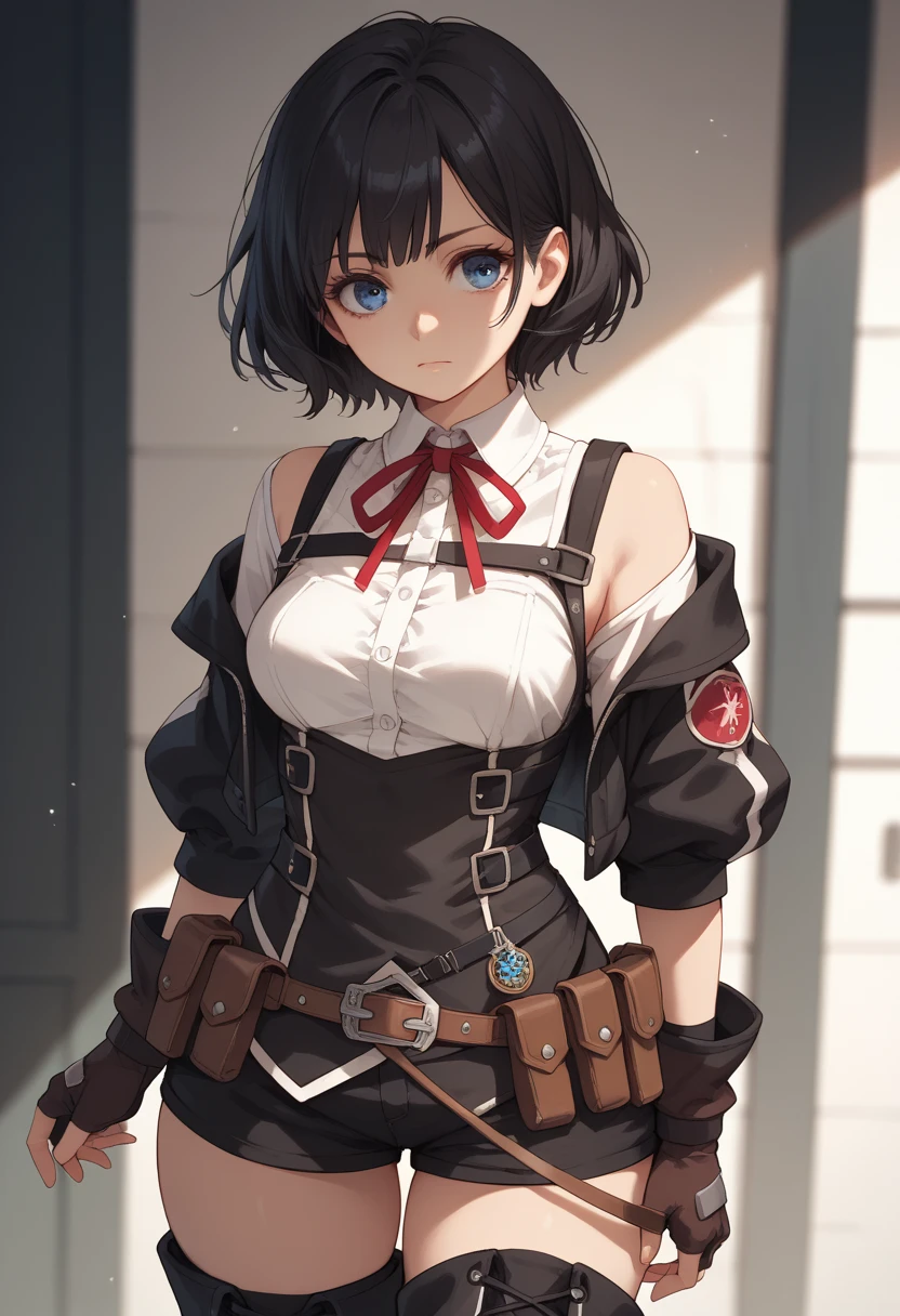 tino_shade, 1girl, short hair, black hair, red ribbon, blue eyes, medium breasts, white shirt, ribbon on neck, black vest, strapped vest, off shoulder, sleeves, brown gloves, fingerless gloves, wide hips, belt, pouch, black thigh high, black thigh boots,
anime coloring