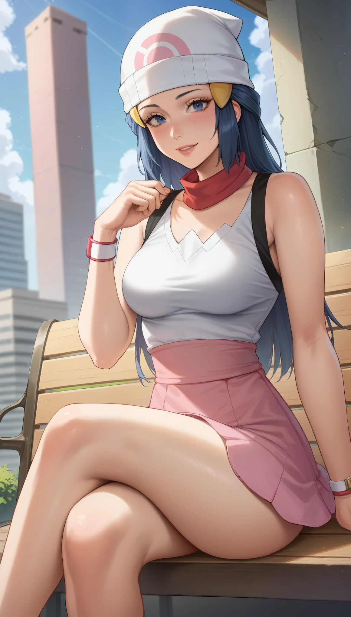 portrait of a woman in the style Sciamano240, dawn_\(pokemon\), long blue hair, bright blue eyes, smooth skin, large breasts, black and white outfit, pink skirt, (no beanie, no hat, uncovered head) slim body, thin legs, city, sitting on bench, happy, crossed legs, horny, teasing face,