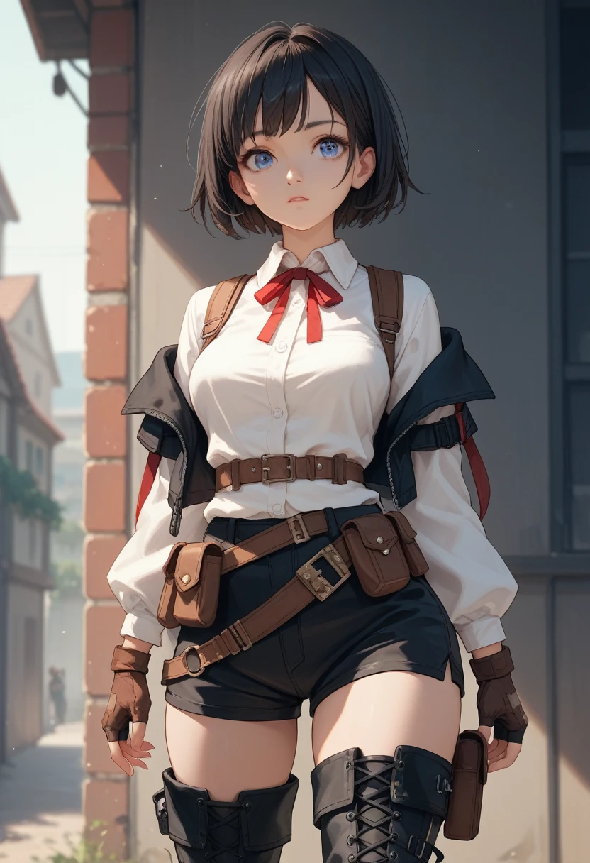 tino_shade, 1girl, short hair, black hair, red ribbon, blue eyes, medium breasts, white shirt, ribbon on neck, black vest, strapped vest, off shoulder, sleeves, brown gloves, fingerless gloves, wide hips, belt, pouch, black thigh high, black thigh boots,
anime coloring