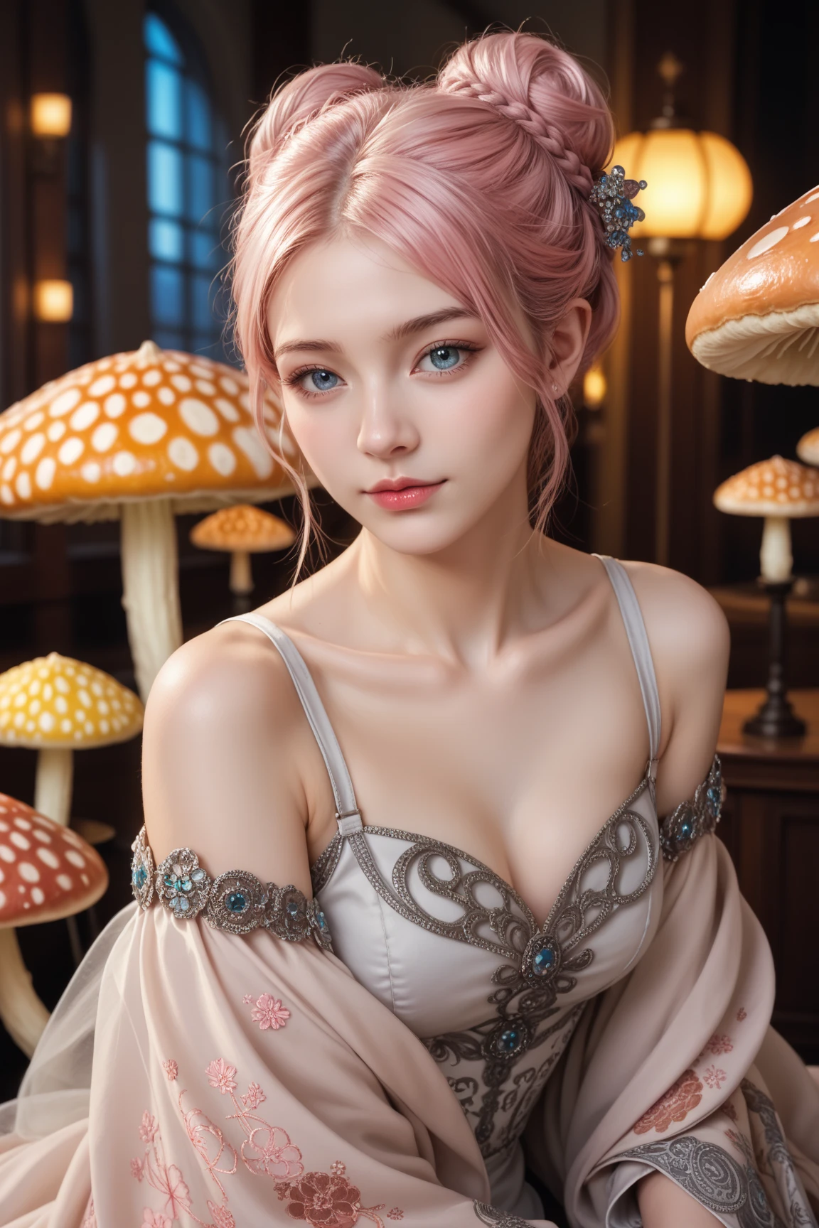 1girl,beautiful 18 year old girl,pink hair in a bun,bare shoulders,sitting on a giant mushroom,elegant,chic,modern,fashionable,muted colors,soft lighting,art nouveau,psychedelic anime style,colorful,trippy,(best quality,4k,8k,highres,masterpiece:1.2),ultra-detailed,(realistic,photorealistic,photo-realistic:1.37),HDR,UHD,studio lighting,ultra-fine painting,sharp focus,physically-based rendering,extreme detail description,professional,vivid colors,bokeh