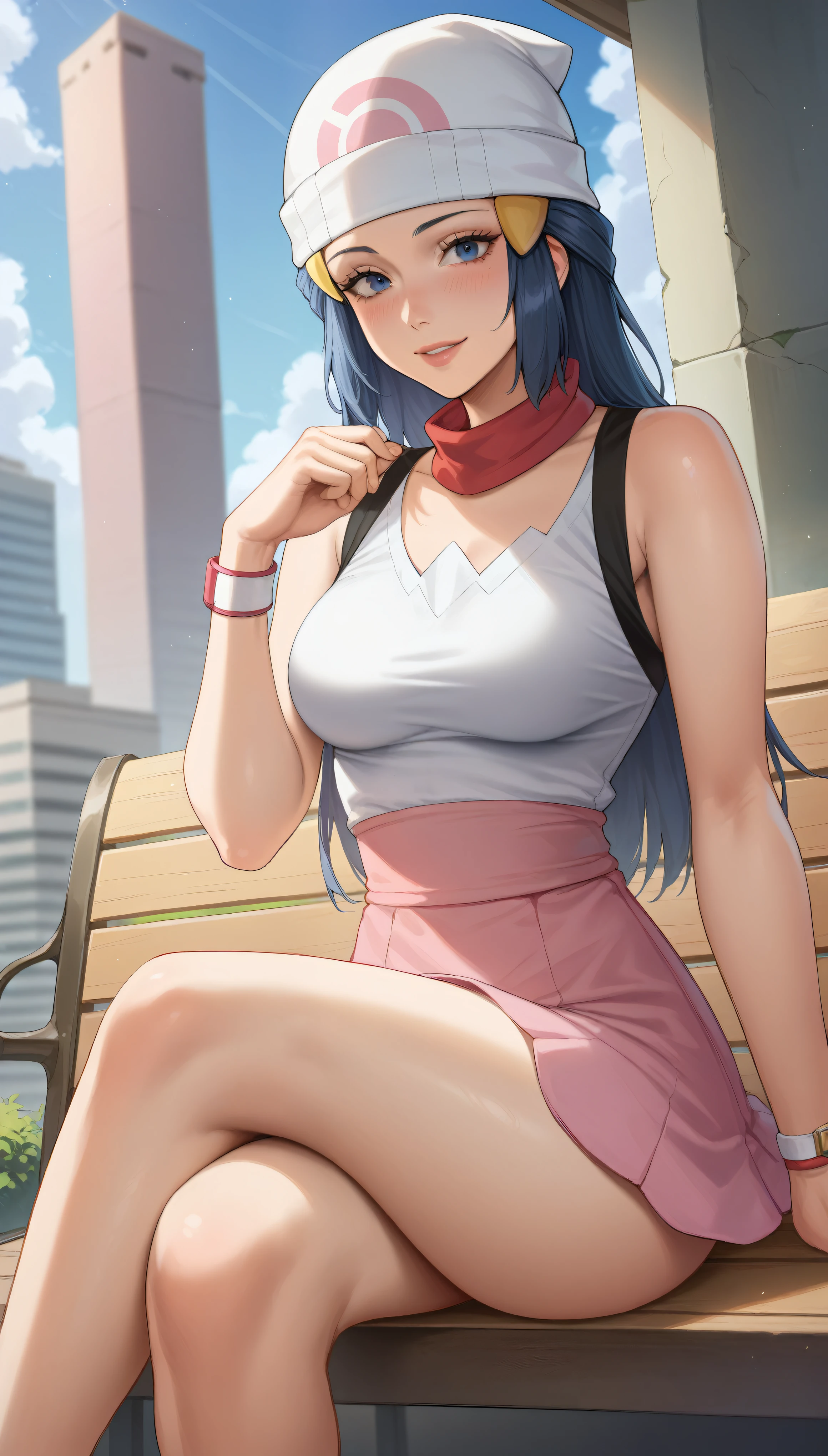 portrait of a woman in the style Sciamano240, dawn_\(pokemon\), long blue hair, bright blue eyes, smooth skin, large breasts, black and white outfit, pink skirt, (no beanie, no hat, uncovered head) slim body, thin legs, city, sitting on bench, happy, crossed legs, horny, teasing face,