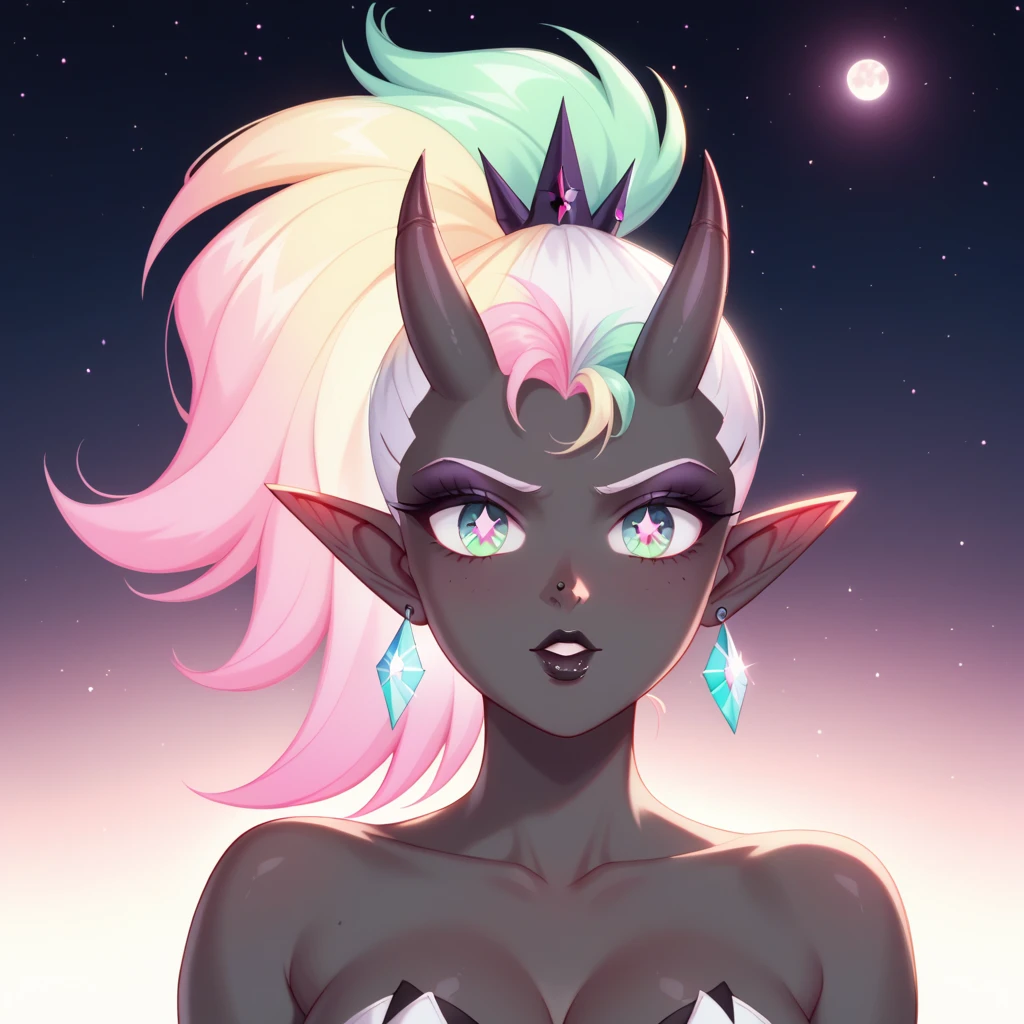 score_9, score_8_up, score_7_up, ((Masterpiece)), ((highres)), ((1person, 1girl, 1female)), Random poses, beautifully detailed succubus girl, ((pastel moon background)), white mohawk w/ponytail, defined elf ears with ear guages, defined eyes, pastel iris, long eye lashes, defined nose, black lipstick, curvy, naked, (((Black skin))), black demon horns, breasts, night sky, pastel gothic style, gothic style art, gothic asthetic, (((Johnny Test art style)))
