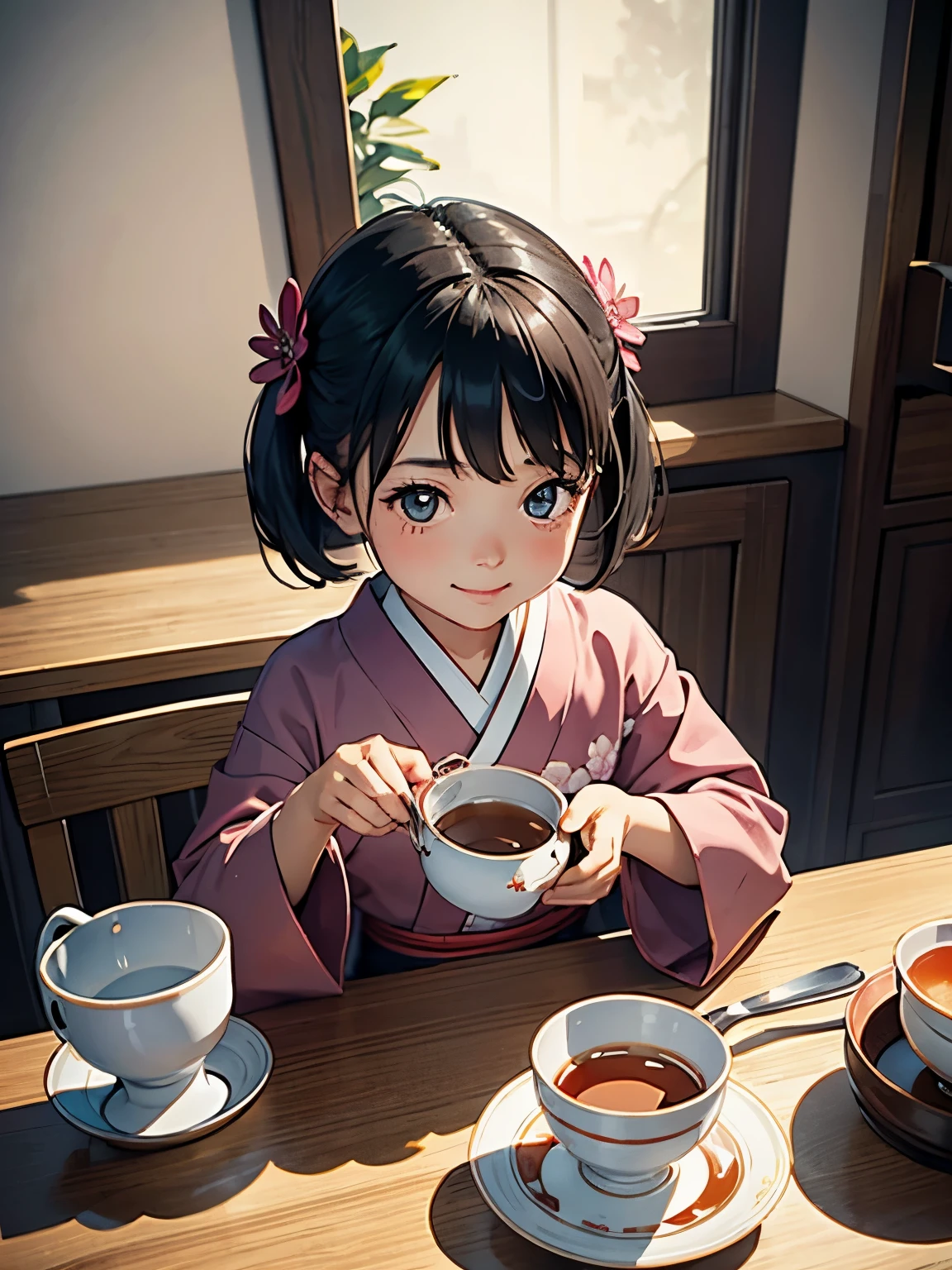  best quality,  high definition ,  very detailed, Anatomical, Exact ratio, 1 girl,  little young girl looking at tea utensils，Round face, smile， HEALTHY SKIN,  Glowing Skin,  Glowing Skin,  black hair,  full body shot , Short kimono、See tea utensils，