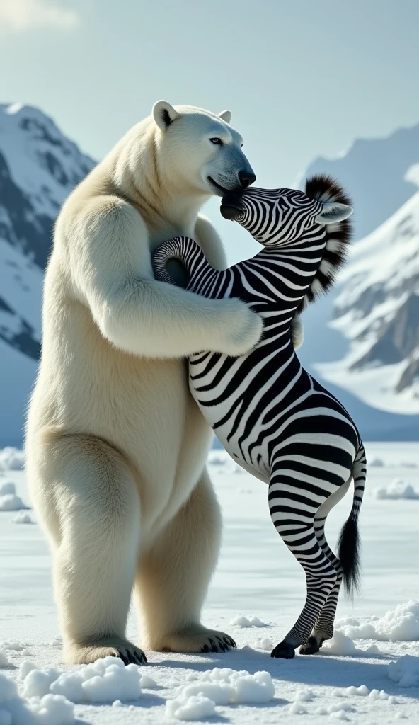 ((((photorealistic feral white bear with blue dragon)))), ((((French kissing)))), ((((feral, duo, hyper sheath penetration, docking, hyper flared ????? in sheath, stomach bulge, deep penetration)))), ((((looing at each other, excessive urine, cum splatter, cum leaking)))), ((((hugging)))), chest to chest, crouching, outside, sunny, blue skys