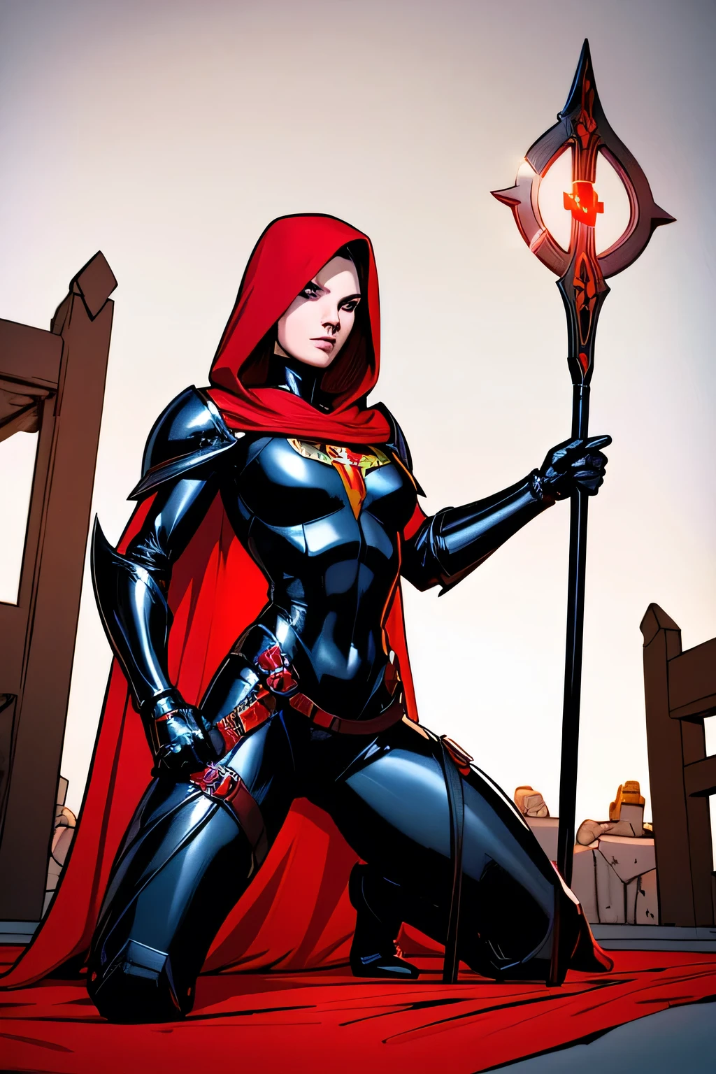 (masterpiece, best quality:1.2) red hair under hood, 1girl, Magdalena, wearing holy armor and black bodysuit, long red cape, action, kneeling, incoming attack, simple white background, holding spear, holy light surrounding, digital art, comic book style, best quality, masterpiece