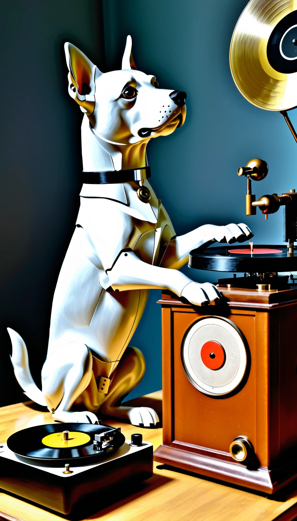 a robot dog sitting listening to a vintage record player in the style of 1899, Francis Barraud, painted a picture of his brother's dog, “Nipper”, listening intently to a windup Edison-Bell cylinder phonographl