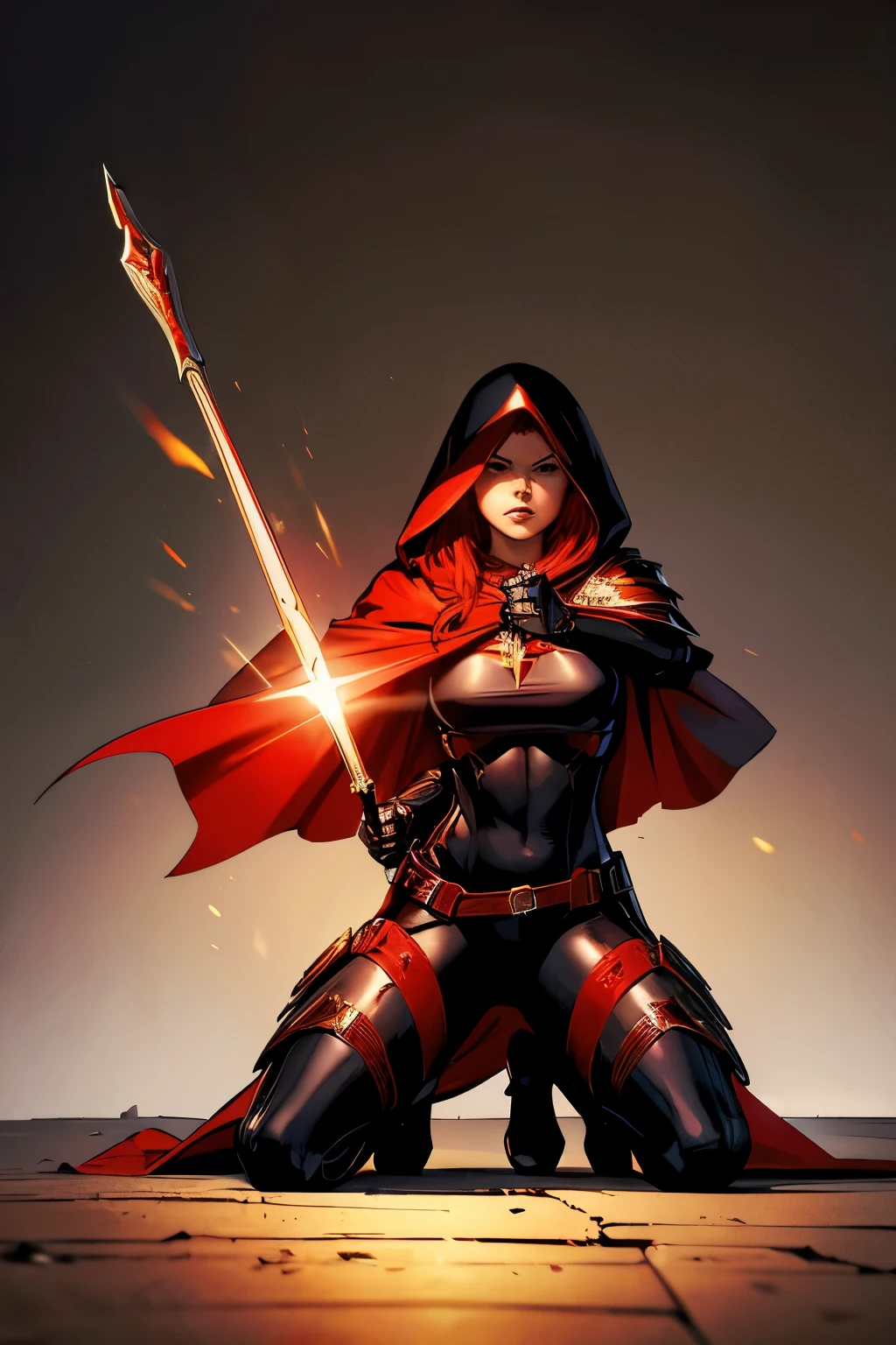 (masterpiece, best quality:1.2) red hair under hood, 1girl, Magdalena, wearing holy armor and black bodysuit, long red cape, action, kneeling, incoming attack, simple white background, holding spear, holy light surrounding, digital art, comic book style, best quality, masterpiece