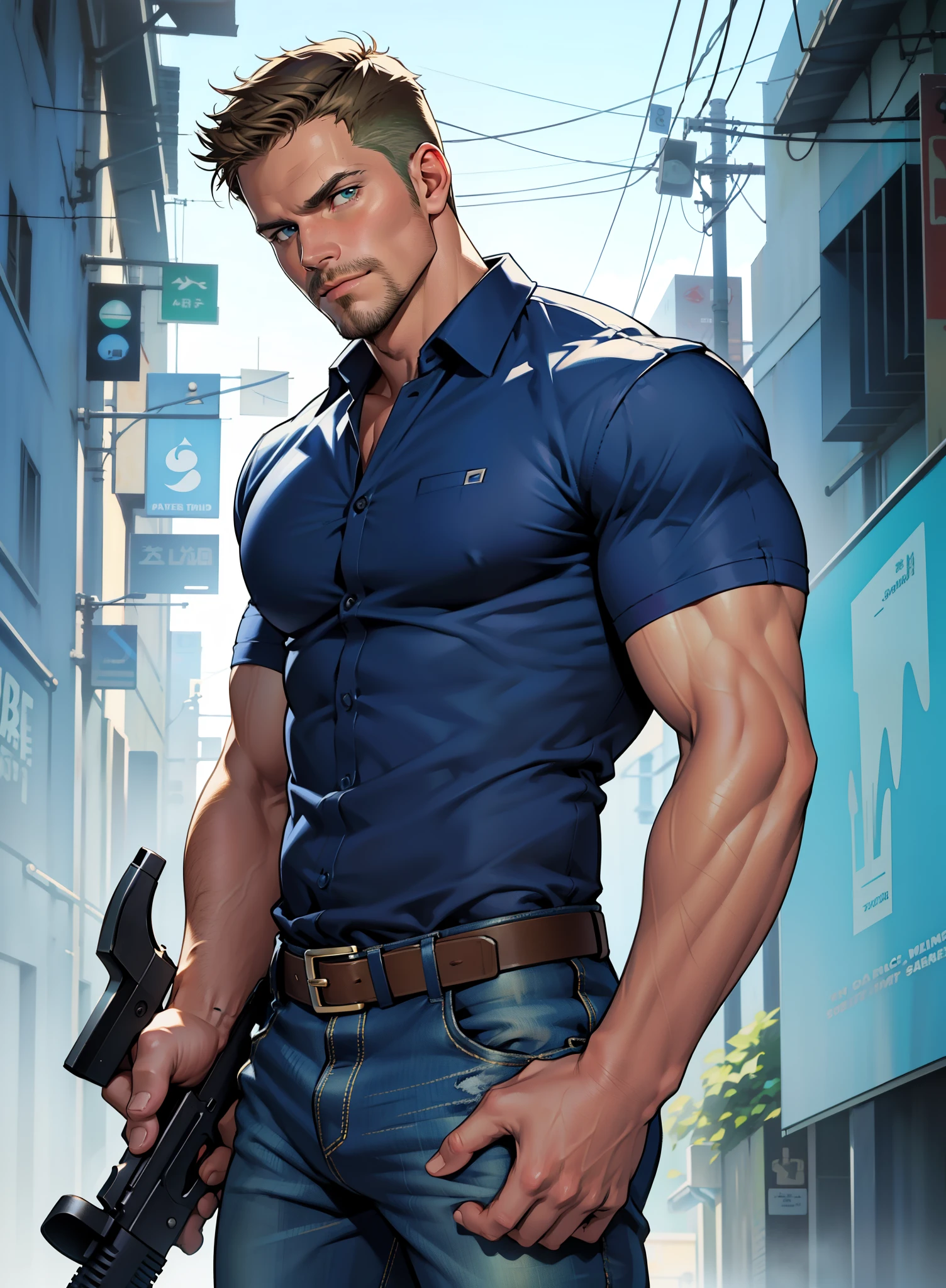 1 man, male focus solo,45 yo man,Stephen AMELL as private investigator, lean muscle, open blue shirt, marine blue jeans with brown belt ,( big bulge), full body shot, dark blond short hair, well groomed facial hair, holding a gun with one hand, , ultra high quality, masterpiece, ( ever changing background, blue and white and green arabesques lines in the blackground)