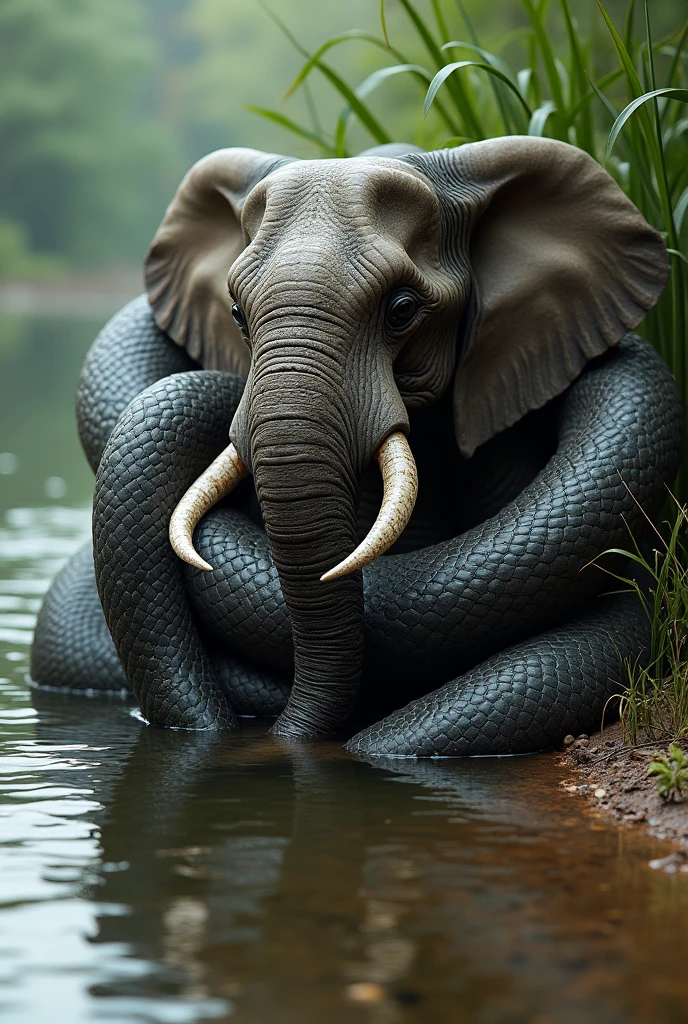 A python eating an elephant in front of a river - SeaArt AI