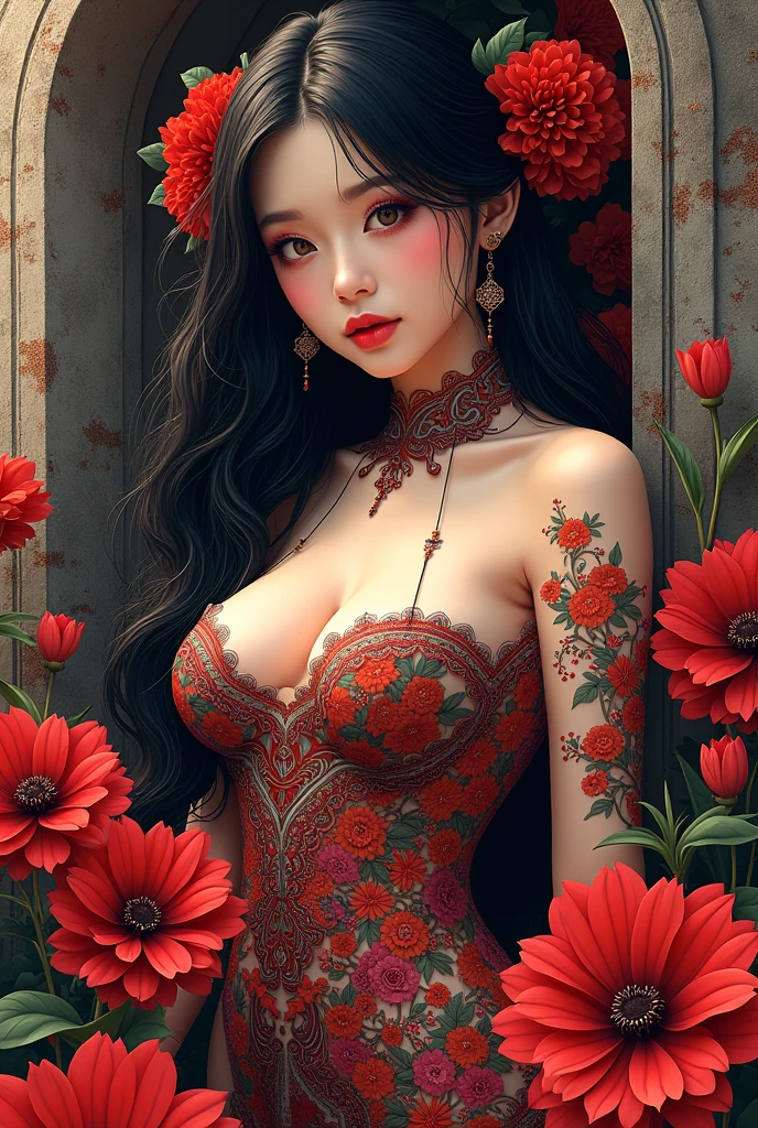 a woman in a red dress, holding red roses, red roses, derevschikova, alexis flower, huge breasts, cleavage, smiley face, smile on face, roses background, beautiful sexy woman photo, in red rose background, on a red background, female model, roses, with a beautifull smile.