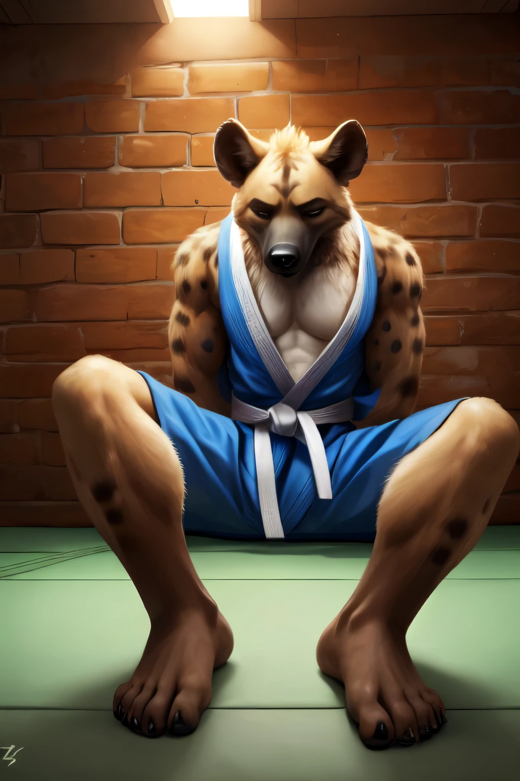 Single,solo, did a anthro male hyena, the hyena sitting on the floor and is knockout, defeated. he wearing a black Judogi (Judo). His feet (five toes) with (black feetsoles) and (black nails) (long nails) showing to the viewer (feet goes to the front) Background is a dojo. Closed Eyes and closey mounth, defeated face.
(realistic fur, detailed fur texture:1.2) yperrealistic, ultradetailed, natural lighting, (((sitting, against Dojo wall))) ((feet up)) (feet sole showing))