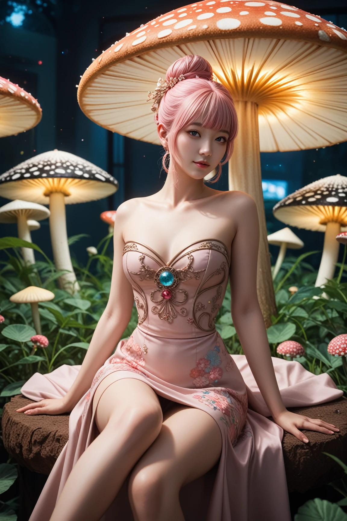 1 asian girl, beautiful 18 year old girl, pink hair in a bun, bare shoulders, sitting on a giant mushroom, elegant, chic, modern, fashionable, muted colors, soft lighting, art nouveau, psychedelic anime style, colorful, trippy, (best quality,4k,8k,highres,masterpiece:1.2), ultra-detailed, ultra-fine painting, sharp focus, vivid colors, bokeh